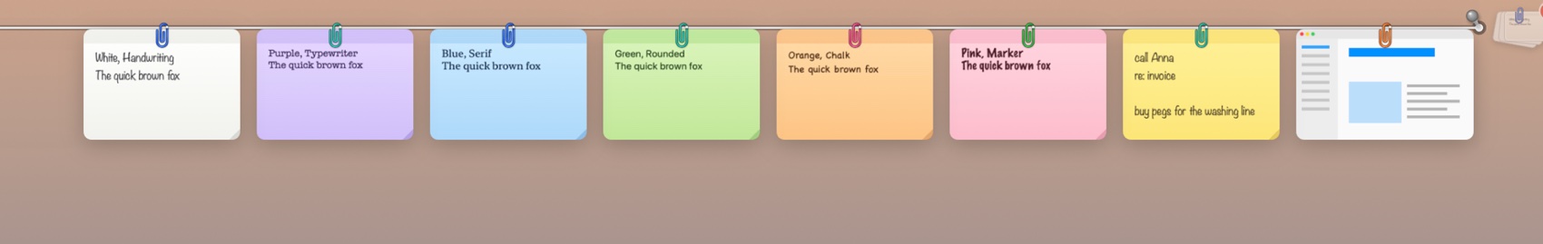 Sticky notes on yellow, pink, orange, green, blue, purple and white paper, each in a different handwriting.